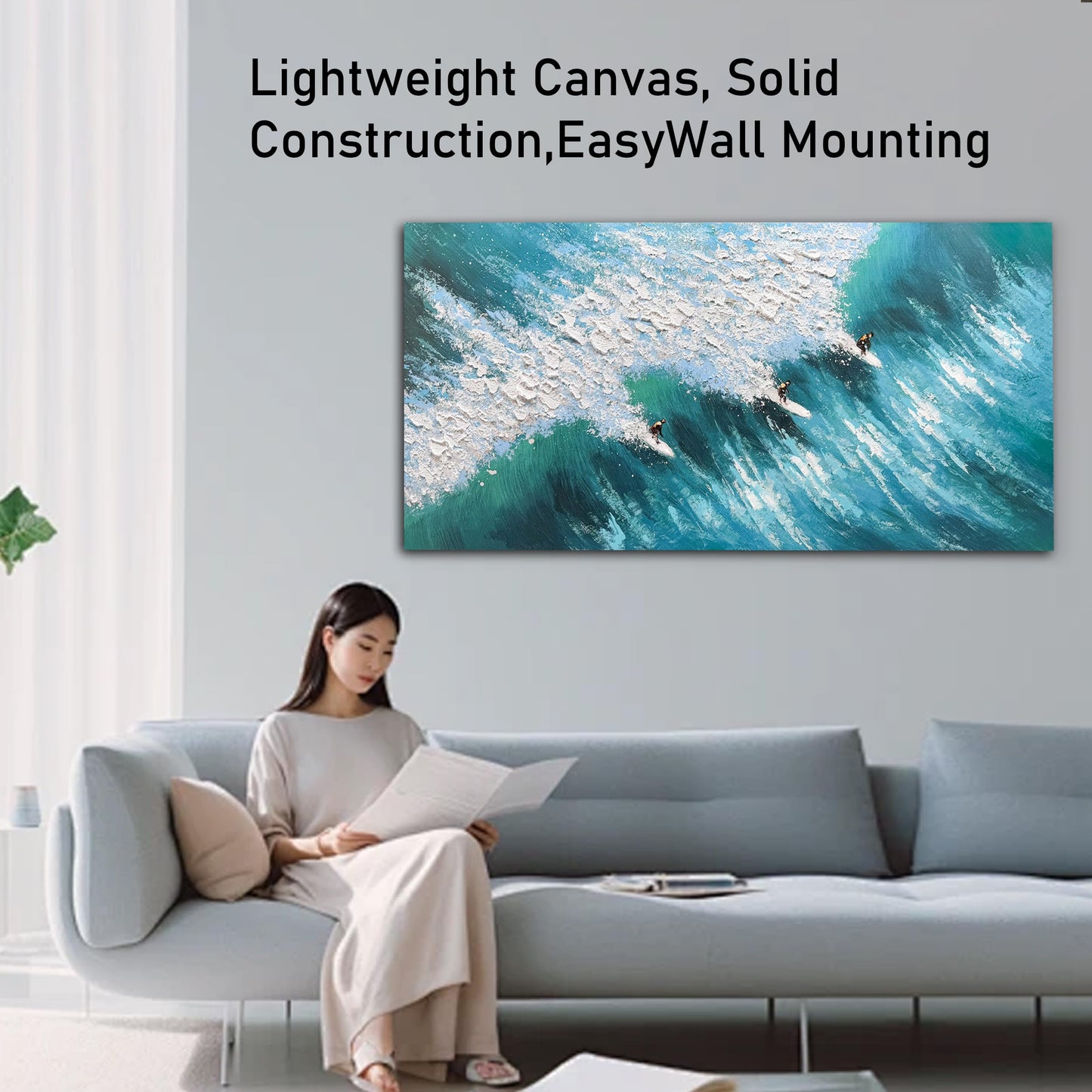 Large Beach Wall Art for Living Room 20"x40" Blue and White Hand Painted Surfing Ocean Wave Coastal Canvas Painting Seascape Artwork with Surfers Textured Art for Bedroom Office Ready to Hang