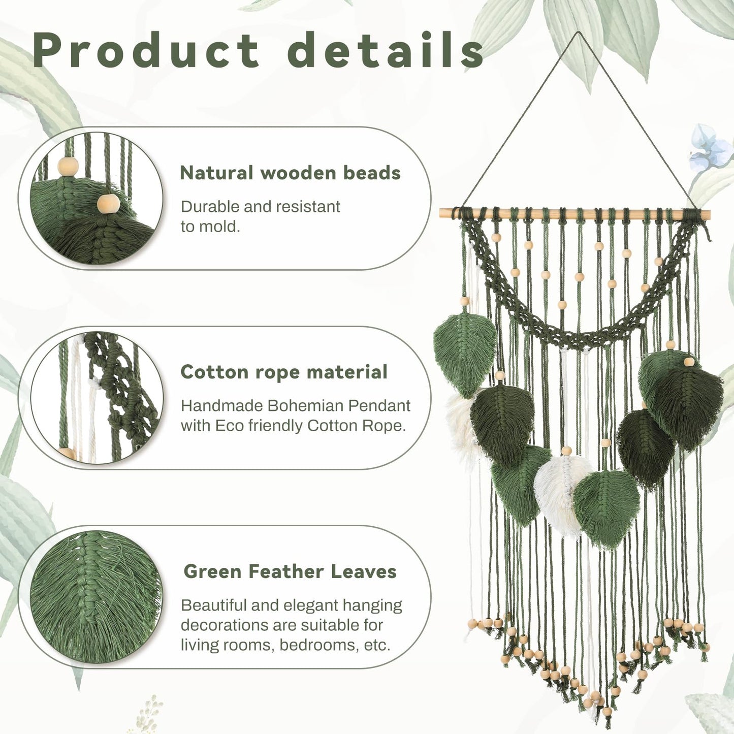 Oqqlin Green Macrame Wall Hanging, 15.7 x 29.9 Inch Boho Leaf Wall Decor Tapestry Sage Green Handmade Woven Leaves Feather Decorations for Bedroom, Living Room, Nursery, Apartment