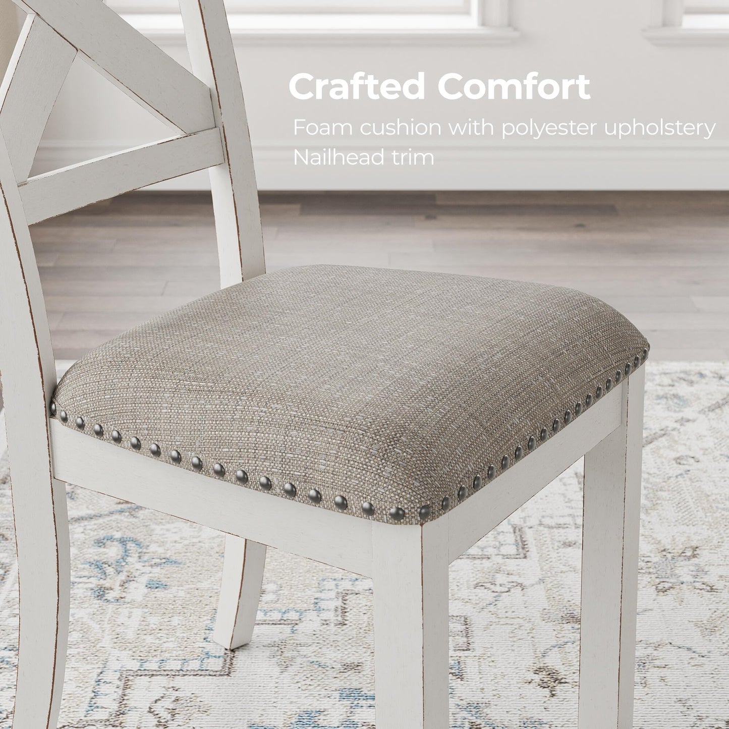 Signature Design by Ashley Robbinsdale Casual Upholstered Solid Wood Dining Chair with Nailhead Trim, Set of 2, White & Light Gray