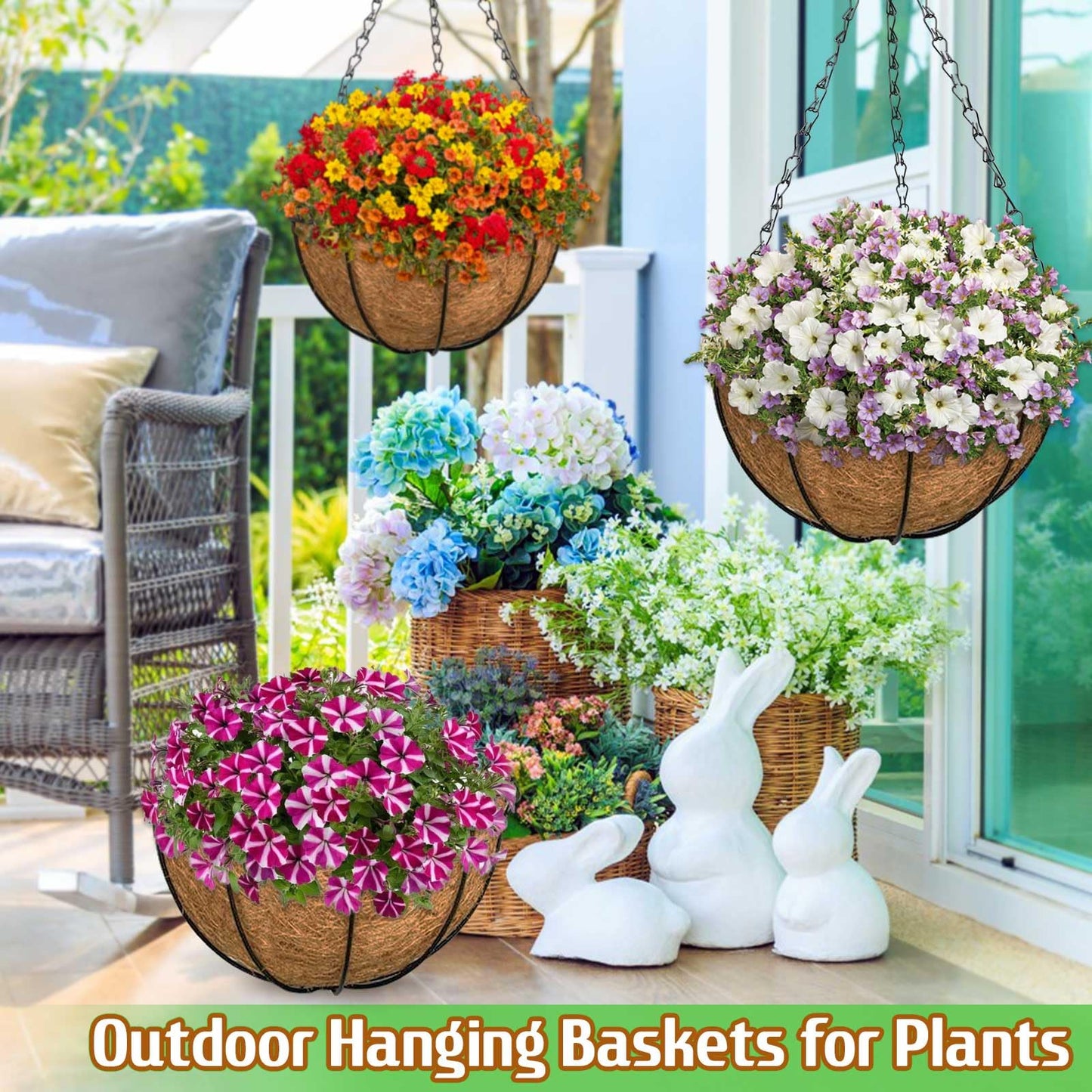 ZeeDix 6 Pack 14 Inch Metal Round Hanging Planter Basket with Coconut Liners Replacement, Hanging planters Baskets with Natural Coco Liner for Outdoor Indoor Planters Flowers Vegetables
