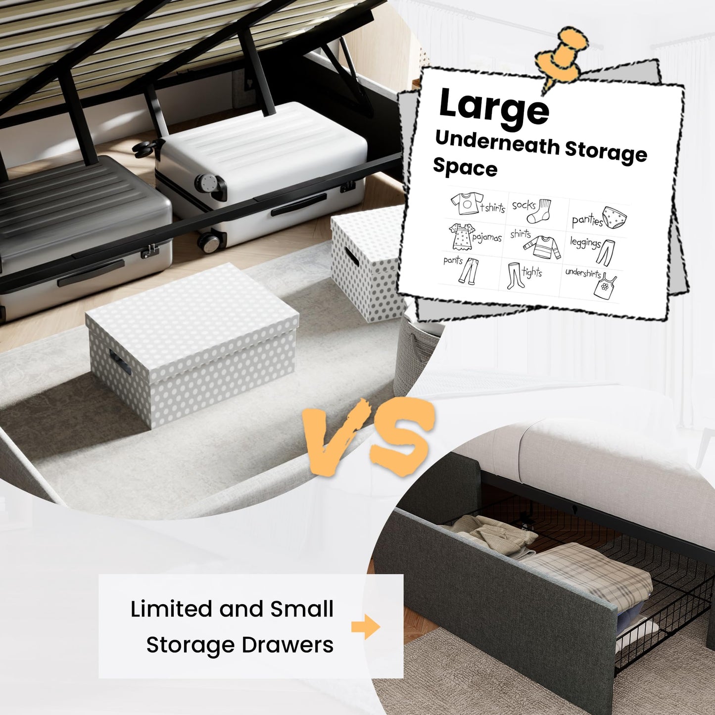 SHA CERLIN Queen Size Lift Up Storage Bed/Modern Wingback Headboard/Upholstered Platform Bed Frame/Hydraulic Storage/No Box Spring Needed/Wood Slats Support/Light Beige