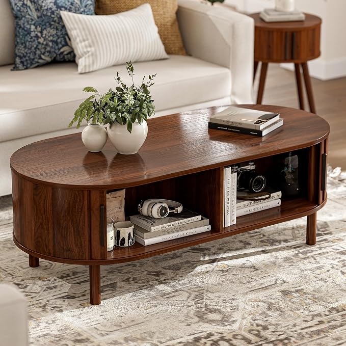 ZttRiee Coffee Table for Living Room, Modern Oval Coffee Table with Cabinets & Sliding Doors, Home Small Space, 47.2" Fluted Center Table, Walnut