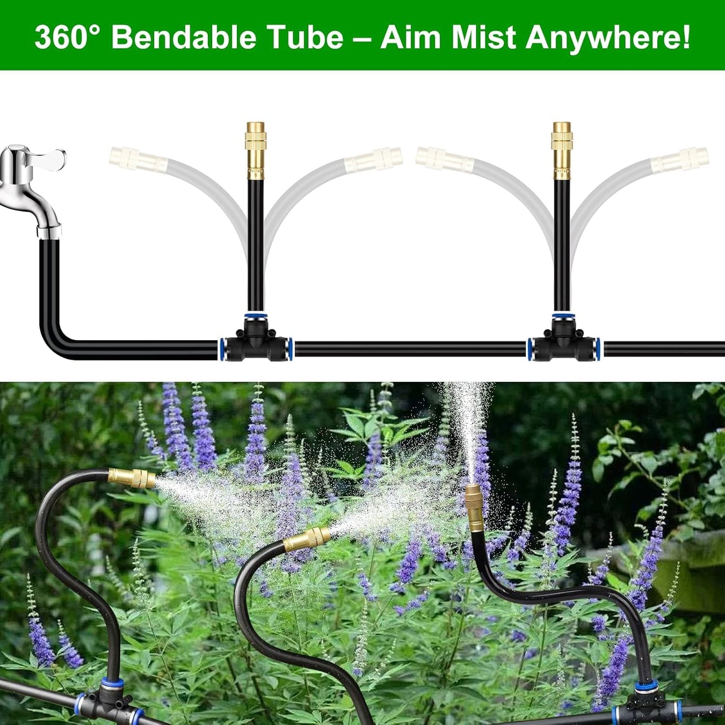HEKIWAY 120FT Drip Irrigation System for Garden – Automatic Watering Kit with Solid Brass Metal Connectors, 360° Bendable Tubing &40 Adjustable Nozzles for Greenhouse, Lawn, Yard & Plants