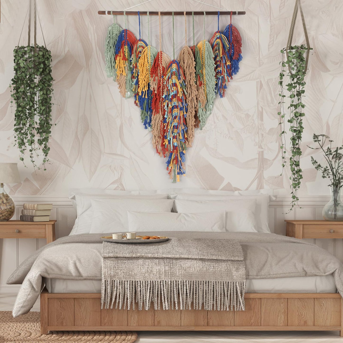 GYHPD Large Handmade Macrame Wall Hanging, Boho Wall Decor, Boho Woven Tassel Wall Art, Rustic Bohemian Home Decor for Living Room Bedroom, Aesthetic Housewarming Gift for Mom (Feather)