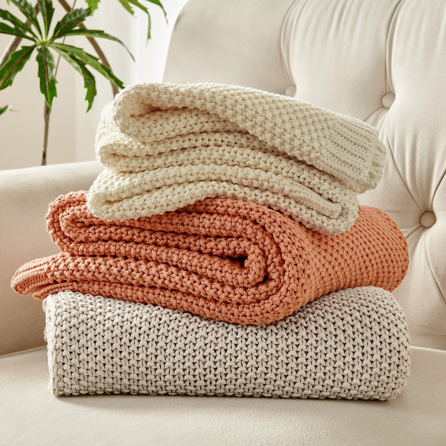 Joydeco Chunky Cable Knit Throw Blanket, Lightweight 100% Organic Cotton Soft Cozy Throw Twin Blanket for Couch Bed and Sofa, Rustic Breathable Farmhouse Blanket Gift for Women Men(Beige, 51"x63")