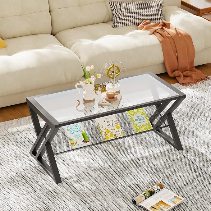 Wolawu Glass Coffee Table Living Room Table with Storage Shelf, Black Glass Table Simple Modern Rectangular Tables with Sturdy Black Metal Frame,Industrial Glass Coffee Table for Bedroom Home Office