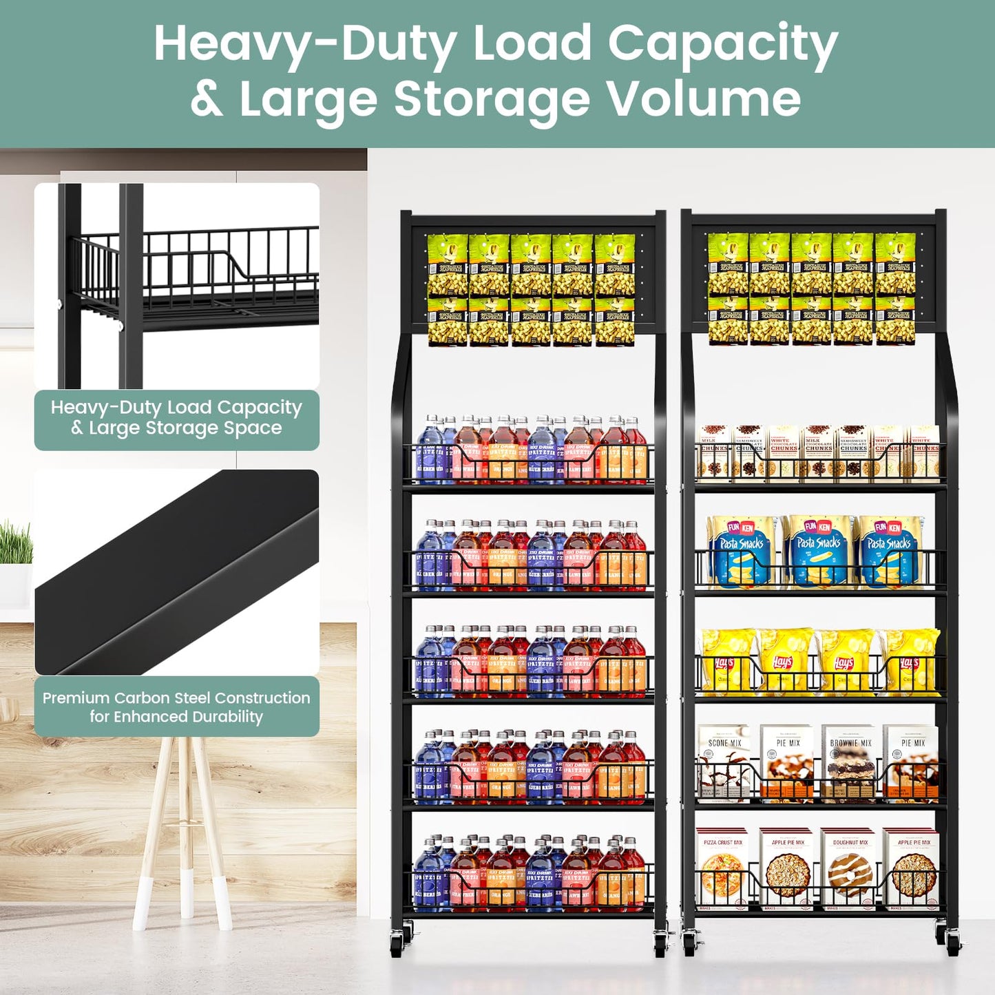 POIUNA 65" 5 Tier Snack Rack Display Stand with Hooks & Wheels, Metal Retail Display Shelf for Chips, Snacks, Candy, Metal Snack Shelf for Store Home Kitchen Store Organizer (60cm-black)
