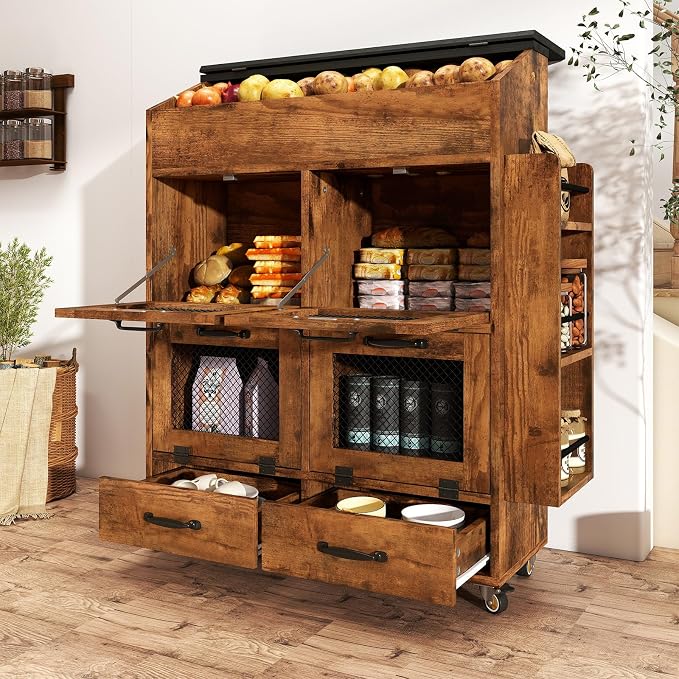 Verano Garden Large Potato and Onion Storage Bin on Wheels, Wood Bread Box w/Lid & Mesh Doors, 4-Tier Rolling Fruit and Vegetable Storage Organizer w/Grocery Section & Side Rack