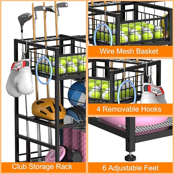 HEOMU Sports Equipment Organizer with Elastic Cords and 4 Hooks, Metal Garage Ball Organizer for Indoor Outdoor, Ball Storage Rack with Basket for Sports Gear and Toys, Black