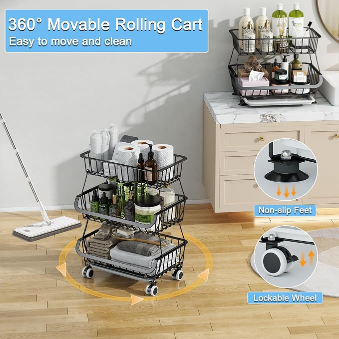 3-Tier Rolling Pantry Floor Organizer, Stackable Pantry Storage Cart with Wheels, Metal Wire Pantry Baskets, Kitchen Fruit Basket Stand, Vegetable Storage Rack for Fruits Snacks Onions Potatoes,1 Pack