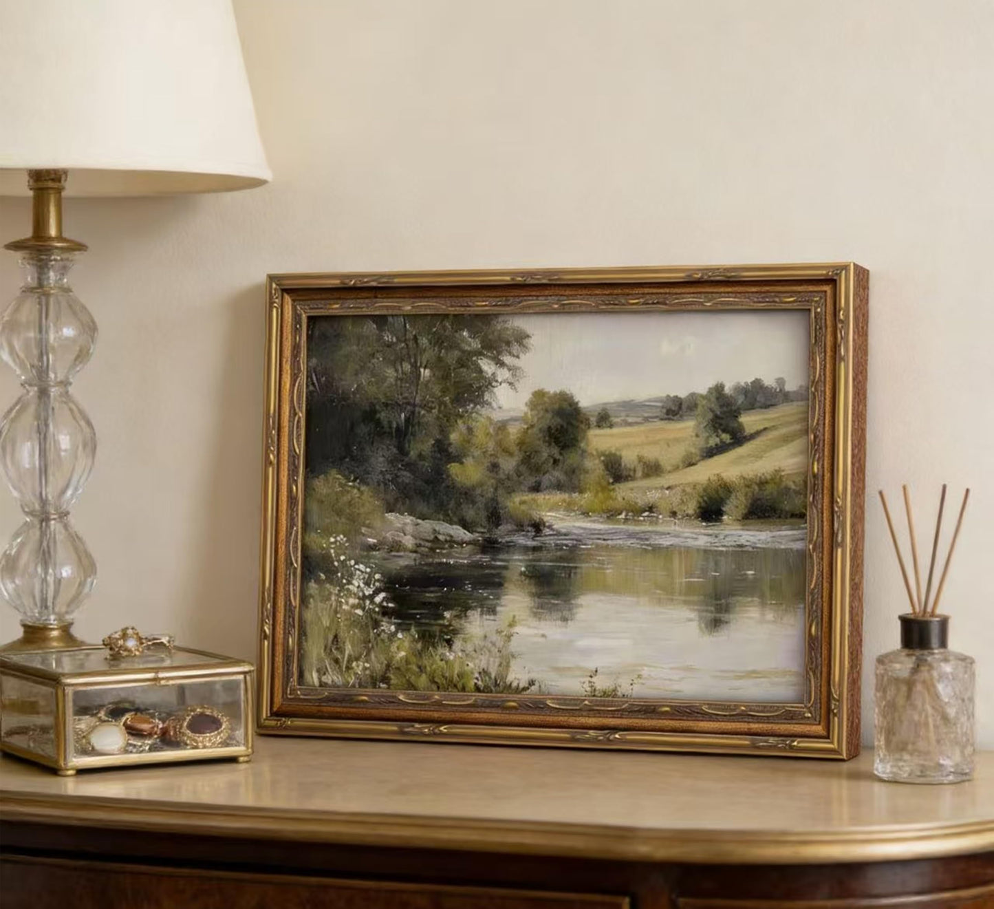 Vintage Gold Framed Wall Art Retro Rustic Farmhouse Green Nature Landscape Painting Picture Canvas Fall Forest Antique River Rural Wildflower Lakes Scenery Picture Poster for Living Room Home