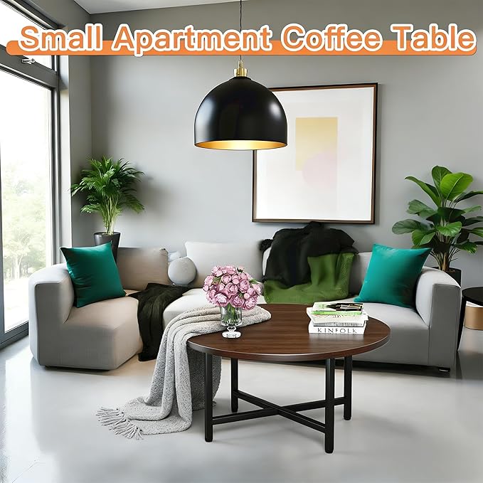 FAMIDGE Coffee Table, 23.6" Coffee Tables for Living Room, Round Coffee Table with Metal Frame, Floor Table for Sitting on The Floor, Home, Office, Dark Walnut