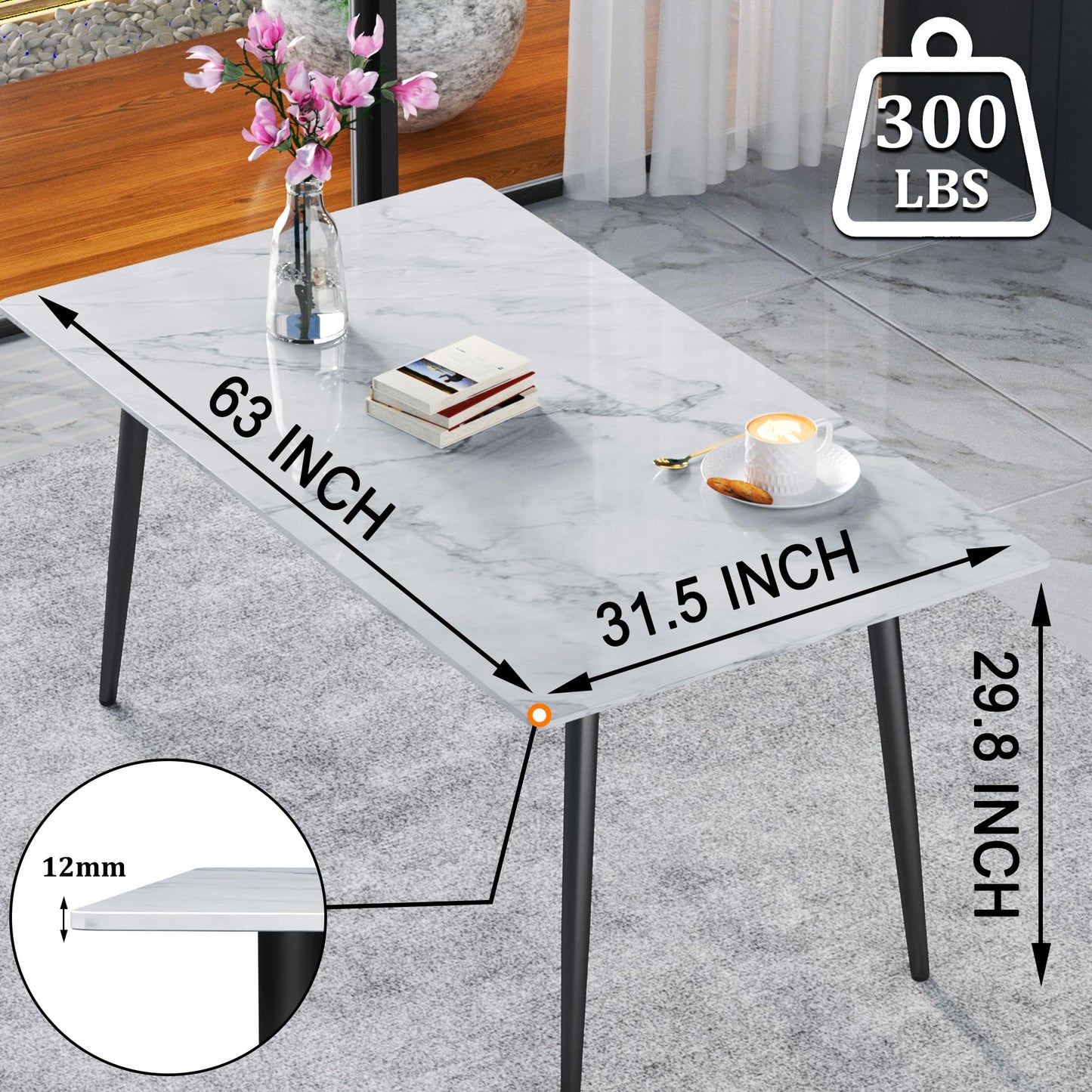63" Modern Dining Table, Sintered Stone Kitchen Table for 4-6 peoples, White Sintered Stone Dining Tabletop with Metal Legs, Fax Marble Dining Table for Dining Room, Backyard Heat Resistant(63"x31.5")