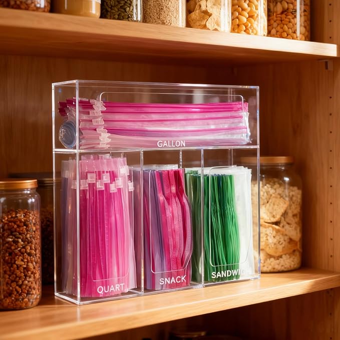 SEANADO Acrylic Zip Bag Storage Organizer, Bamboo Baggie Organizer Dispenser for Kitchen Drawer and Wall Mount，Compatible with Gallon, Quart, Sandwich & Snack Variety Size Bag(Clear)
