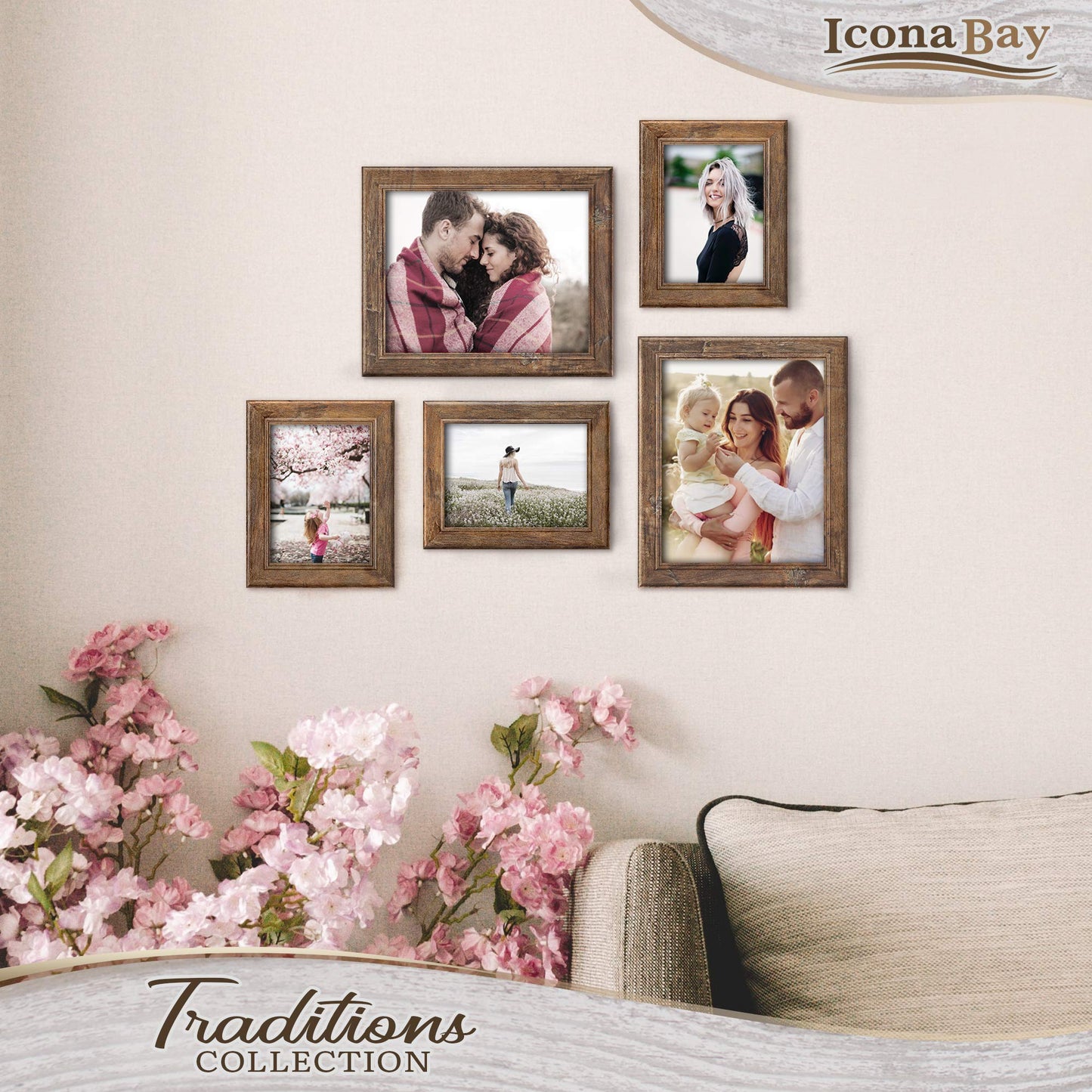 Icona Bay - 5x7 Chestnut Brown Picture Frame - Rustic Wood Pattern - Lightly Distressed Frame for Table Top Display or Wall Mount - Traditions Collection