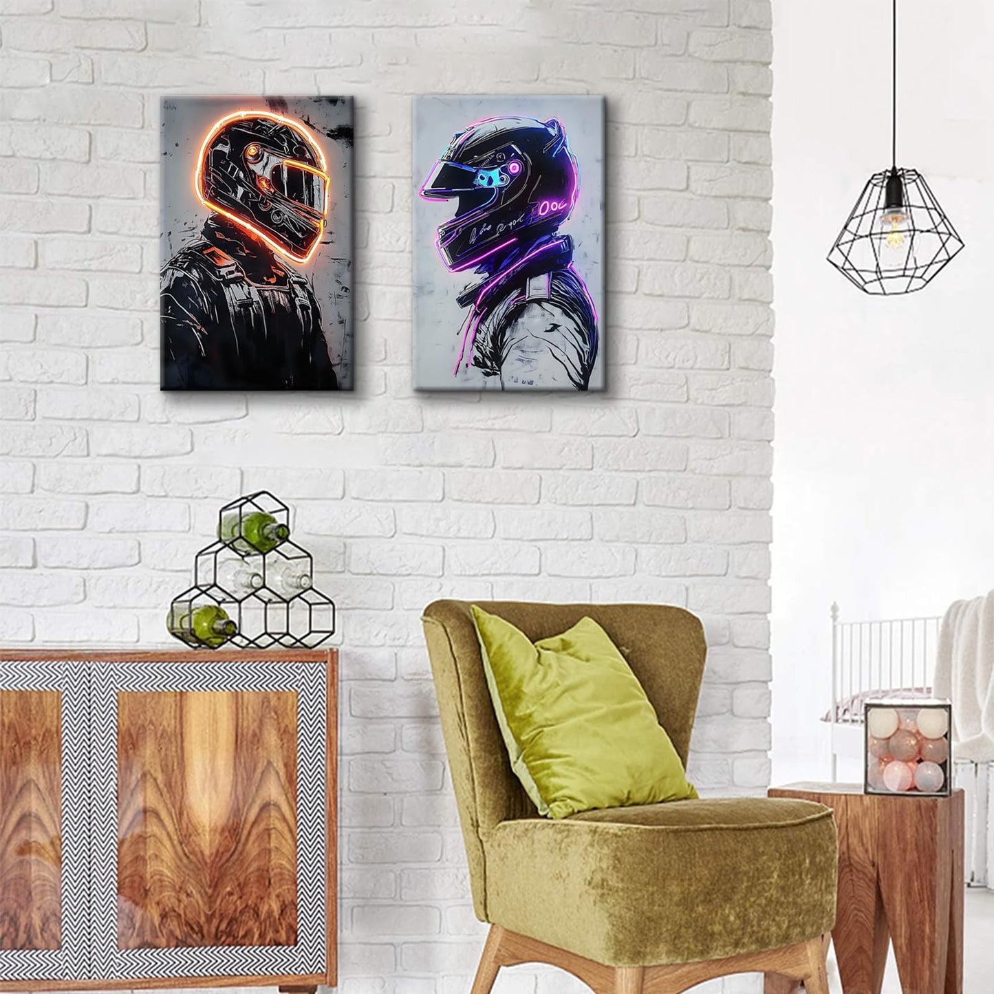 2 Pieces Neon Race Car Driver Canvas Wall Art Racing Helmet Wall Decor Boys Room Poster Prints Esports Room Paintings Pictures for Living Room Bedroom Ready to Hang (12x16in Canvas)
