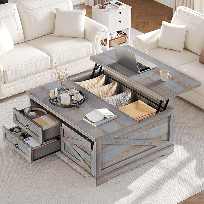 Itaar 39.4'' Lift Top Coffee Table with Storage, Farmhouse Coffee Tables for Living Room, Square Coffee Table with Large Hodden Compartment & 2 Drawrs & Adjustables Shelves (Blue)