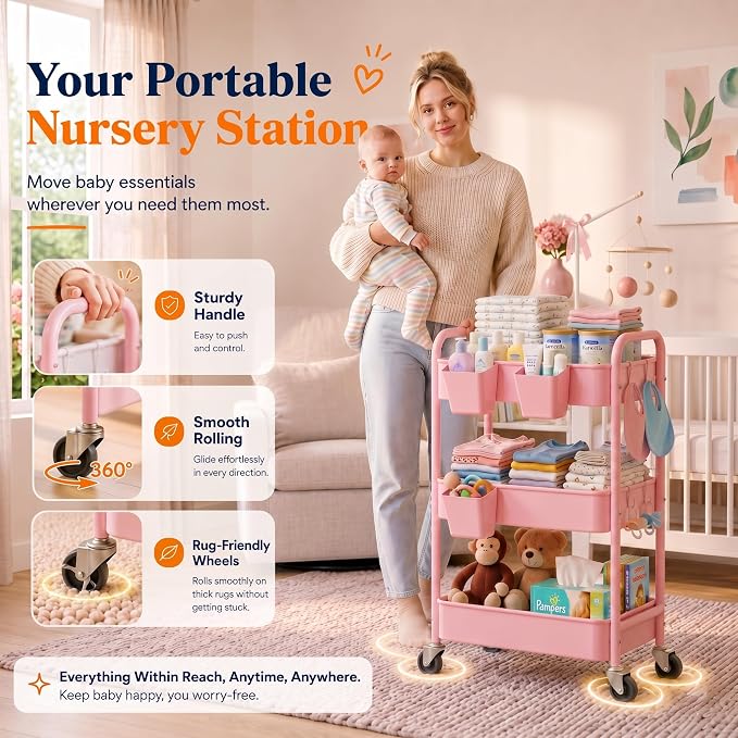 3 Tier Rolling Cart Metal with Lockable Wheels, Pink Three Tiered Diaper Caddy Cart Organizer on Wheels, Storage Utility Trolley Carts for Craft, Art, Nail, Lash, Baby Supplies, Cleaning, Mesh