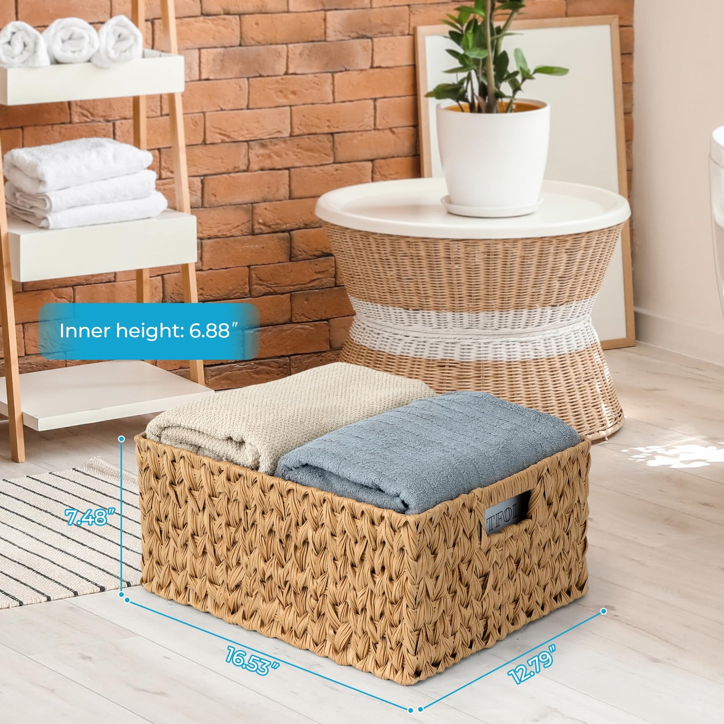 Suptinwear Jumbo Large Plastic Wicker Basket, Waterproof Rattan-Look Storage Basket with Handles, Extra Large Rectangular Woven Basket for Bathroom, Shelves, Closet & Laundry, 16.93"D x 12.99"W