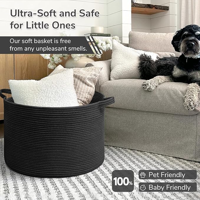 INDRESSME XXXLarge Blanket Basket 21.7" x 21.7" x 13.8" Woven Storage Baskets Soft Cotton Rope Toy Baskets Storage Kids Decorative Laundry for Home, Perfect for Living Room, Black