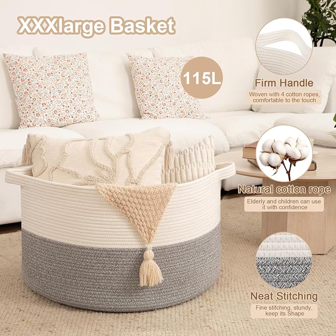 OIAHOMY 115L Extra Large Blanket Basket for Living Room, 23.6" x 15.4" Woven Cotton Rope Laundry Basket for Organizing Pillows, Decorative Stuffed Animal Toy Storage for Nursery, White and Light Grey