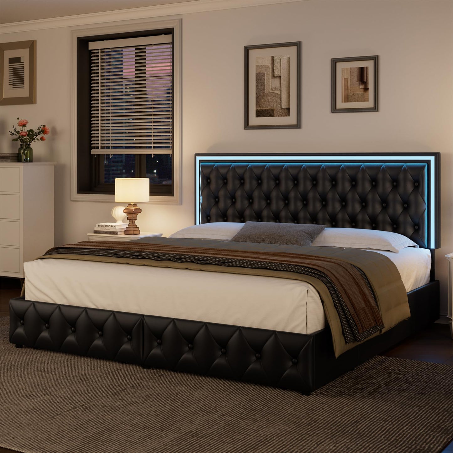 Keyluv Queen Upholstered LED Bed Frame with 4 Drawers, PU Leather Platform Storage Bed with Adjustable Button Tufted Headboard and Solid Wooden Slats Support, No Box Spring Needed, Black