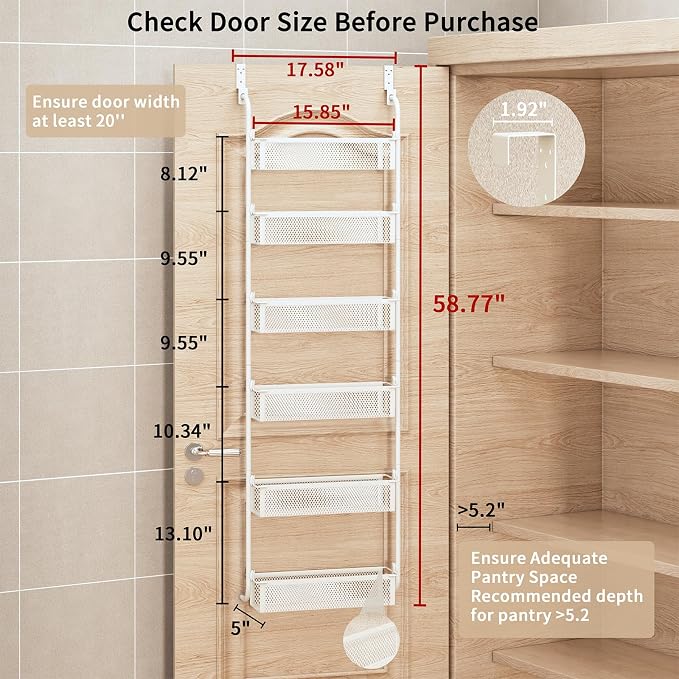 Over the Door Pantry Organizer, 6-Tier Pantry Door Organization and Storage, Over the Door Spice Rack, Home & Kitchen Storage Shelves for Cabinet, White