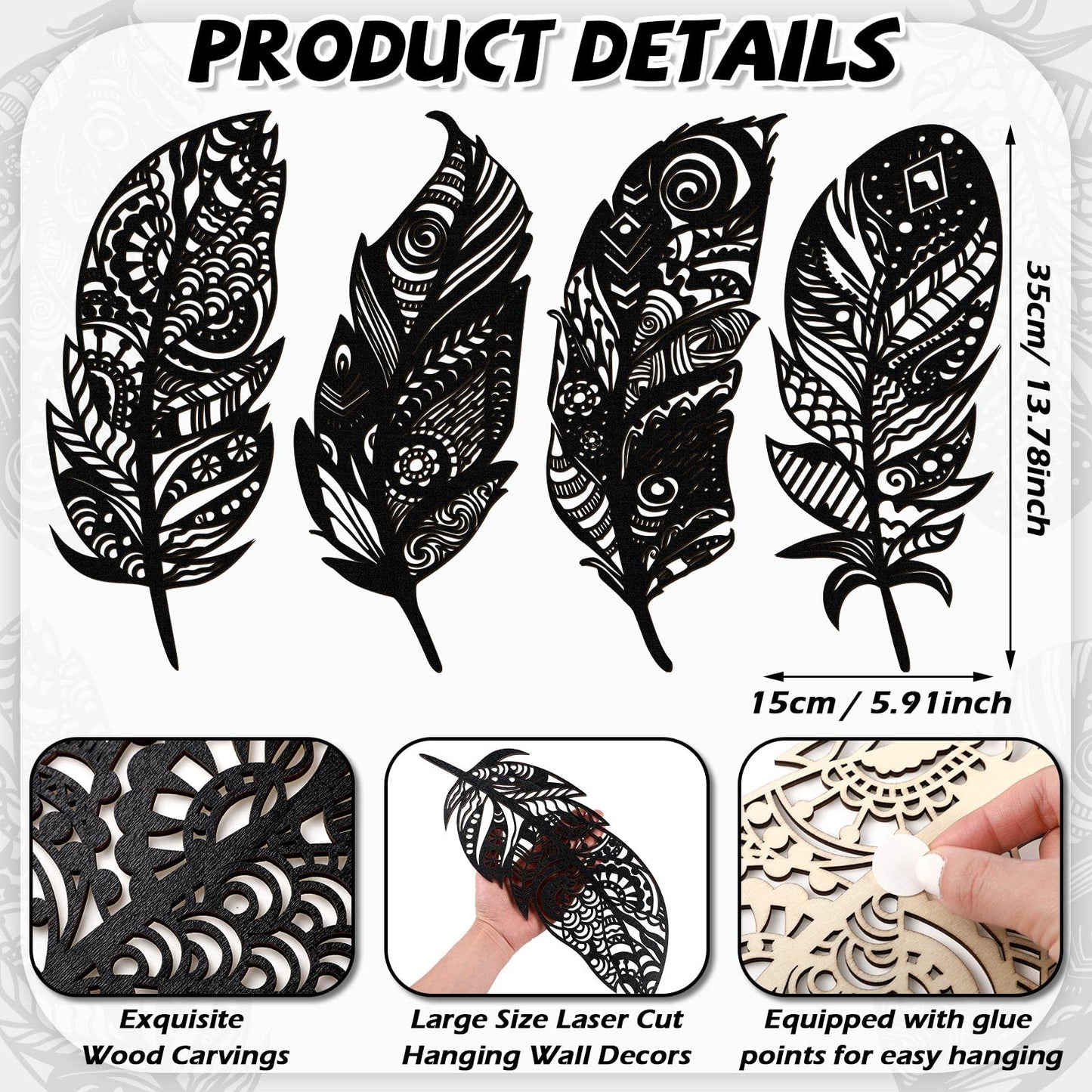 Qunclay 4 Pieces Feather Wall Decor Wooden Feather Wall Art Boho Wall Decor Laser Cut Hanging Mandala Large Rustic Farmhouse Wood Sign for Home Living Room Bedroom Bathroom Kitchen(Black)