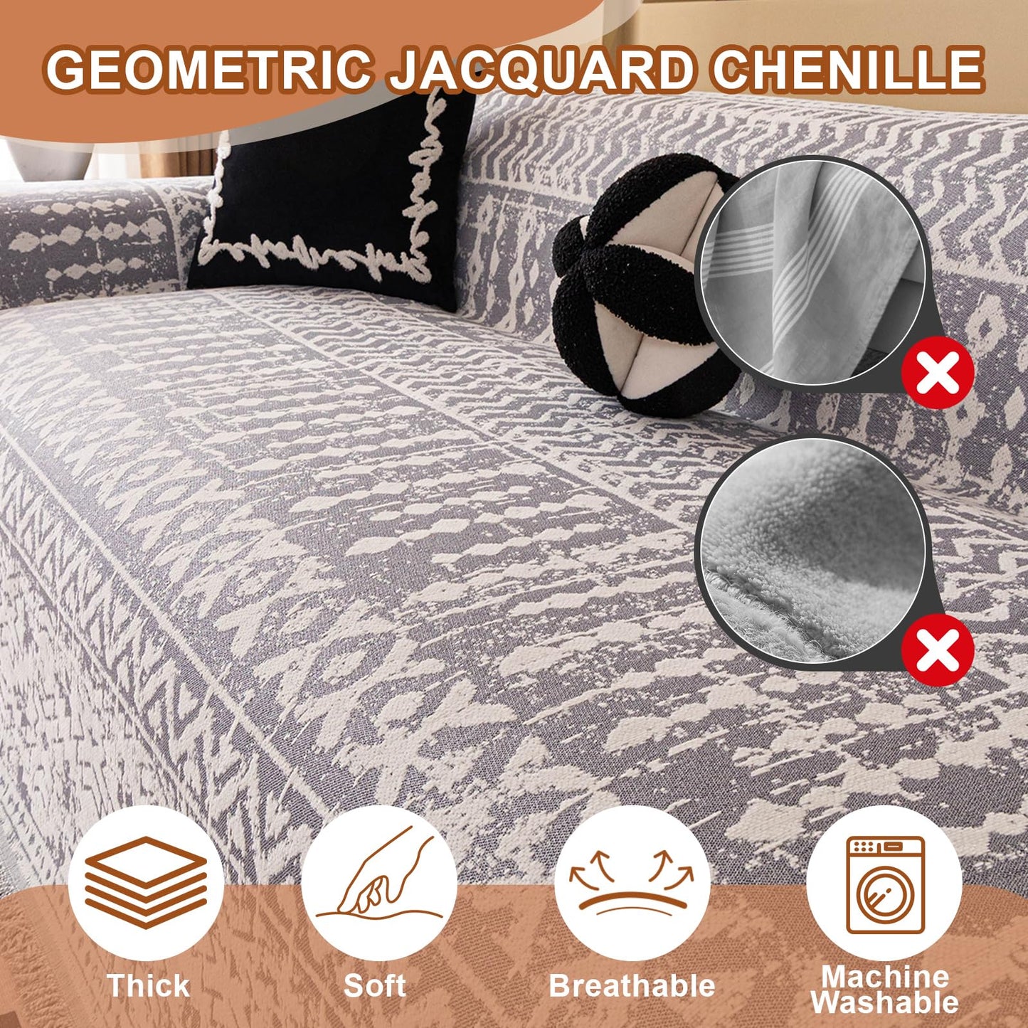 STACYPIK Thick Ethnic Geometric Sofa Cover for Loveseat, Soft Washable Gray Chenille Couch Cover for 3 Cushion Couch, L Shape Sofa Slipcover for Living Room, Multi-use Couch Cover Blanket-71X150IN