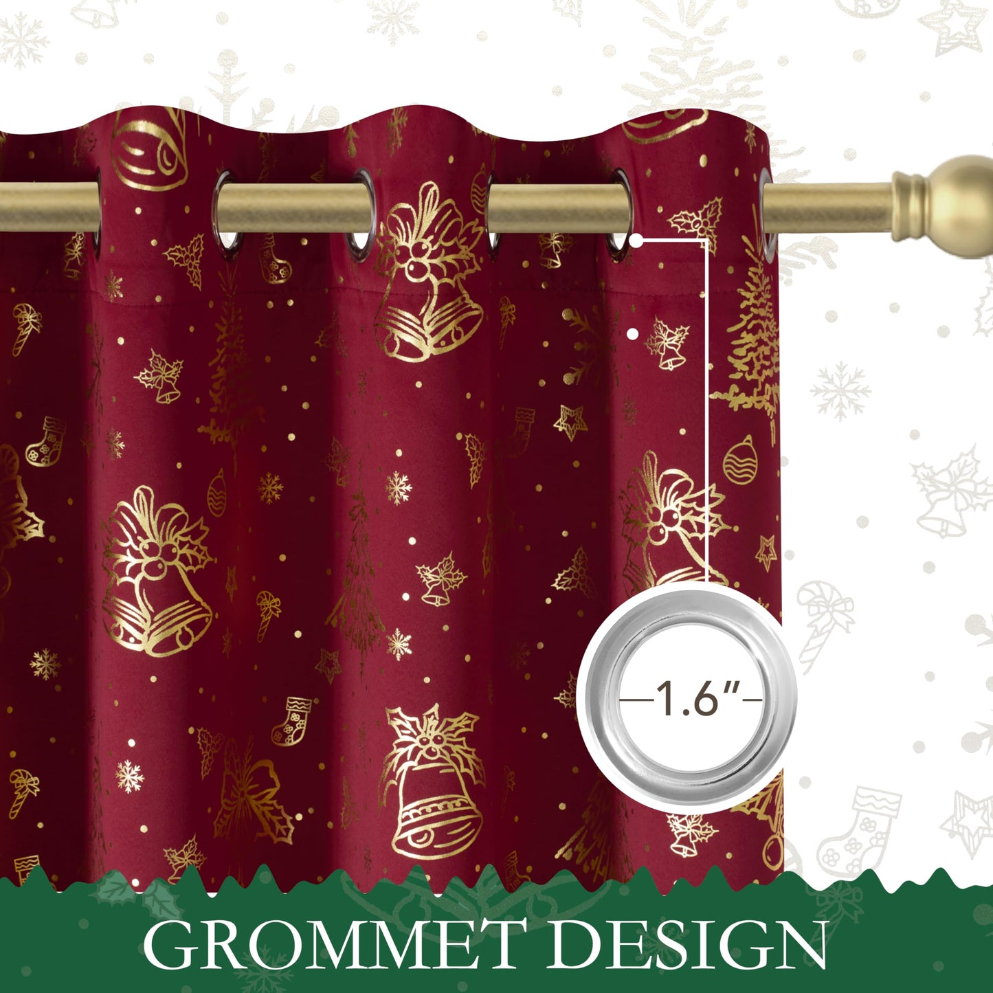 NICETOWN 2 Panels Christmas Red Curtains 52 x 84 Inch, Gold Foil Printed Grommets Drapes, Xmas Theme Window Treatment for Holiday Home Decor, Set of 2 Christmas Style Curtain Panels