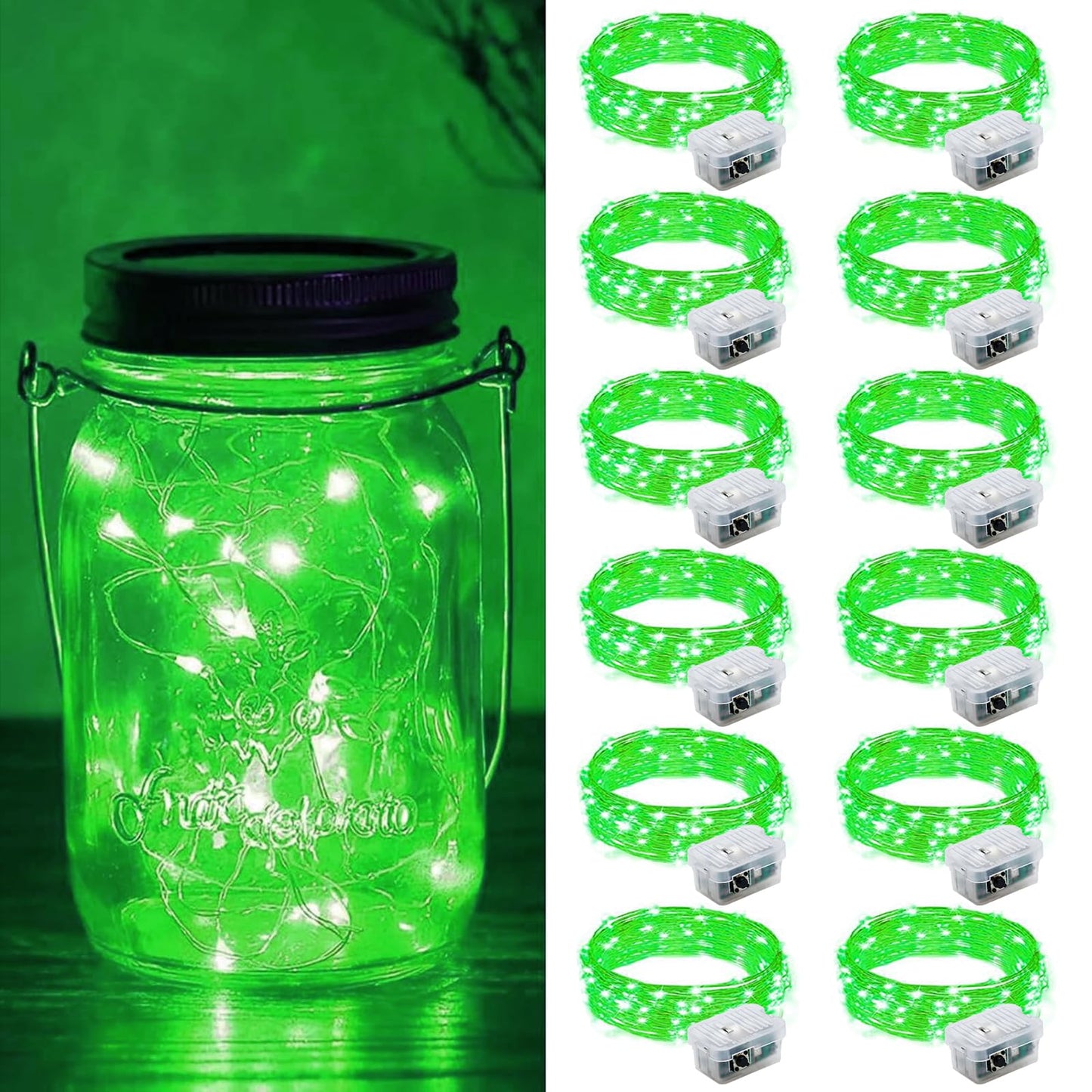ZGWJ 12 Pack Fairy Lights Battery Operated, 7ft 20 Mini LED Fairy String Lights Silver Wire 3 Modes for DIY, Parties, Wedding, Bedroom, Halloween Christmas Decoration Green