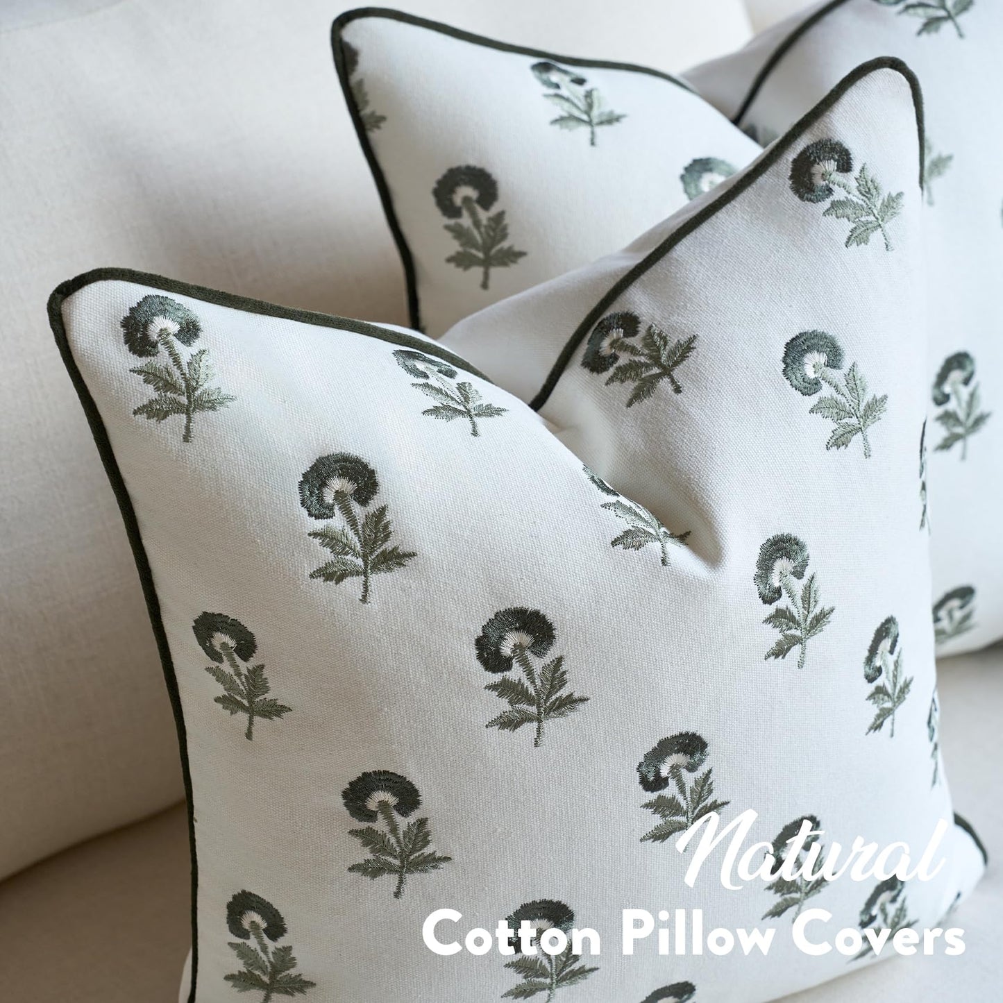 FIOUOVO Embroidered Floral Pillow Covers 18x 18 Set of 2 Cotton Farmhouse Throw Pillow Covers with Piping Edge Decorative Cushion Covers for Sofa Couch Bedroom Living Room, Olive Green