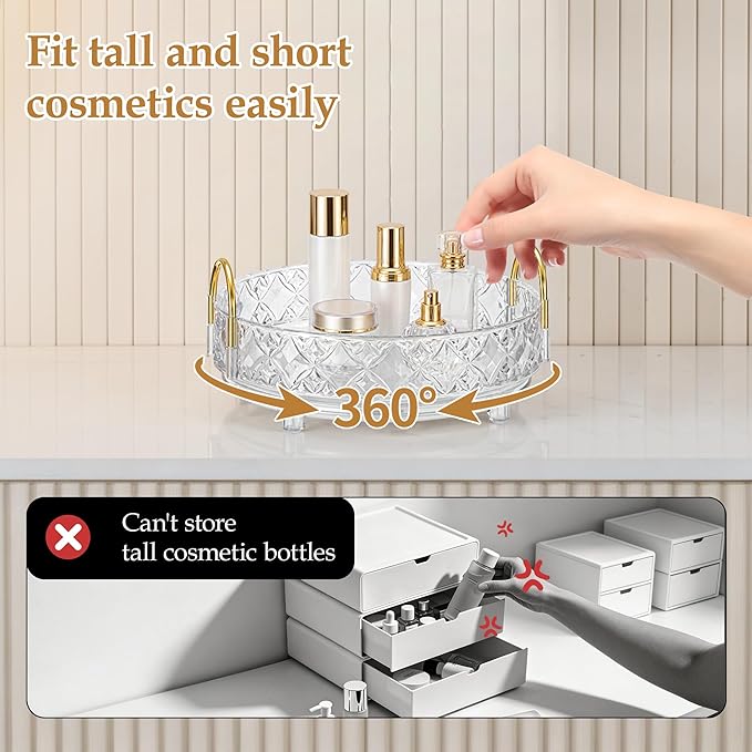360 Rotating Makeup Organizer for Vanity,Adjustable Perfume Organizer for Dresser, Multi-Function Spinning Cosmetics Skincare Storage for Bedroom, Dresser, Countertop, Clear