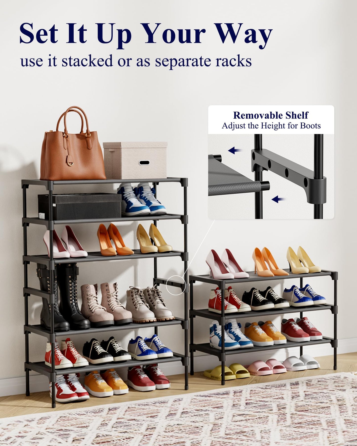 Kitsure Shoe Rack - Non-Woven Shoe Rack Shelf, Shoe Organizer for Closet, Entryway, Garage & Corridor, Stackable Shoe Shelves, 27.5" Wide - 3 Tier, Black