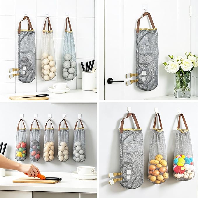 Ahyuan Hanging Mesh Storage Bags 5 Pack Onion Garlic Potatoes Net Mesh Bag Long and Large Reusable Net Produce Bags for Fruit Veggies Garbage Bag for Home RV Camper (Gray)