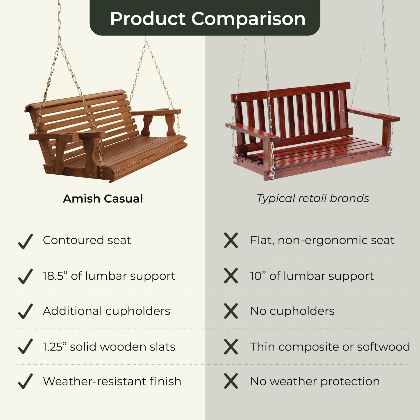 Amish Casual Heavy Duty 700 Lb Capacity Porch Swing with Cup Holders (4 Foot, Oak Stain) – Wooden Outdoor Roll Back Swing with Hanging Chains – Amish Made in the USA