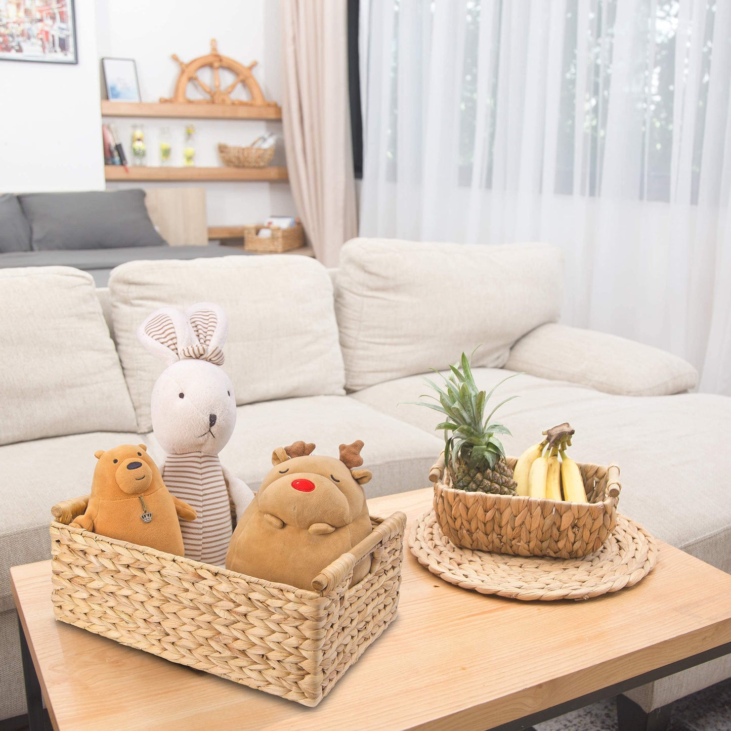 VATIMA Hyacinth Large Wicker Basket 15.5x10.8x6.2" - Rectangular, Wooden Handles, Shelf Organizer