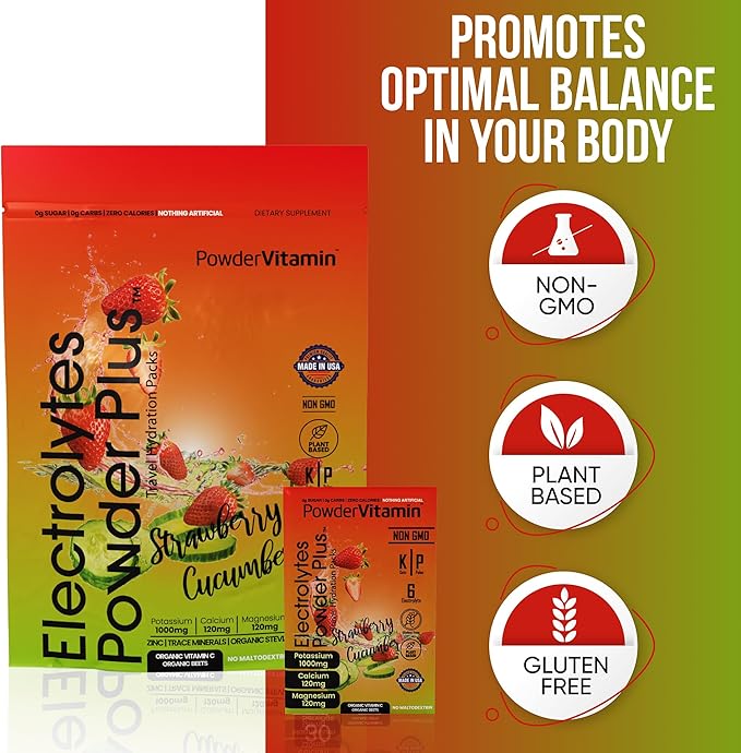 PowerVitamin Electrolytes Powder Packets - Strawberry Cucumber - Keto Electrolytes for Daily Energy - Hydration Powder with 1000mg Potassium, 120mg Magnesium, Zero Calories - 30 Hydration Packets