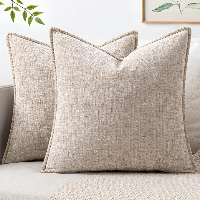 MIULEE Pack of 2 Couch Throw Pillow Covers 18x18 Inch Taupe Farmhouse Decorative Pillow Covers with Stitched Edge Tan Soft Chenille Solid Dyed Pillow Covers for Sofa Bed Living Room