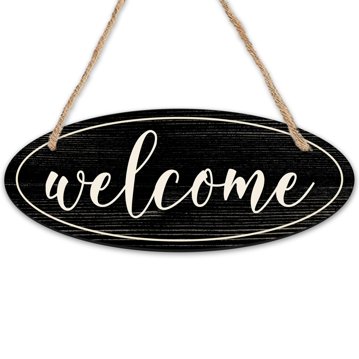 Welcome Sign - 4"X10“ Oval Wooden Hanging Sign With Sisal Ropes, Home & Office, Front Door Yard Sign, Indoor Outdoor Wall Decor & Accessories (Black & White) - B03