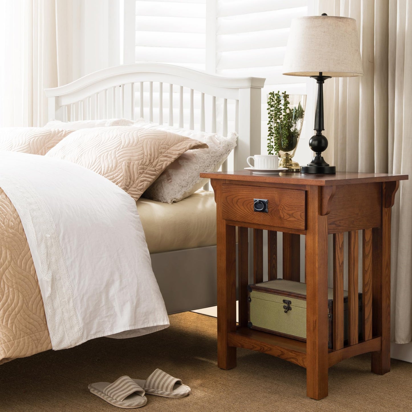 Leick Home 8222 Mission Impeccable End Table with Drawer, Made with Solid Wood, Side Table for Living Room, Bedroom, Medium Oak Finish Nightstand Table