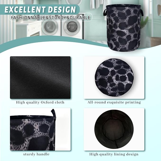 Grey Black Leopard Print Laundry Basket Foldable Animal Leopard Laundry Hamper Oxford Cloth Colorful Tote Bag Clothes Toy Storage Bucket For Bathroom/Laundry Storage/Bedroom 18.9 x 16.5 Inch