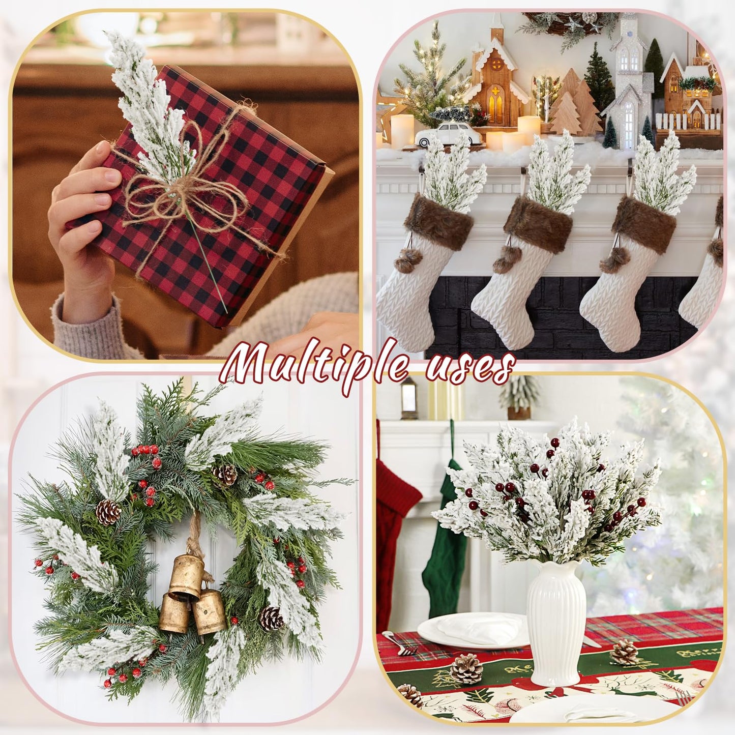 24 Pcs Christmas Snowy Artificial Pine Branches,10.5" Faux Frosted Evergreen Norfolk Pine Sprigs Cypress Leaves Fake Foliage Greenery Picks for Xmas Wreath Making DIY Crafts Decor (24, Snow White)