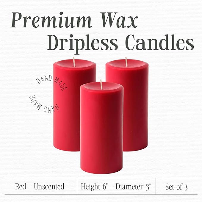 Mister Candle Dripless Unscented Pillar Candles, Set of 3 Hand Poured Red Pillar Candles, Solid Color Non-Scented Candles for Home Decor, Premium Wax, 80 Hr Burn Time, 3x6 Inch