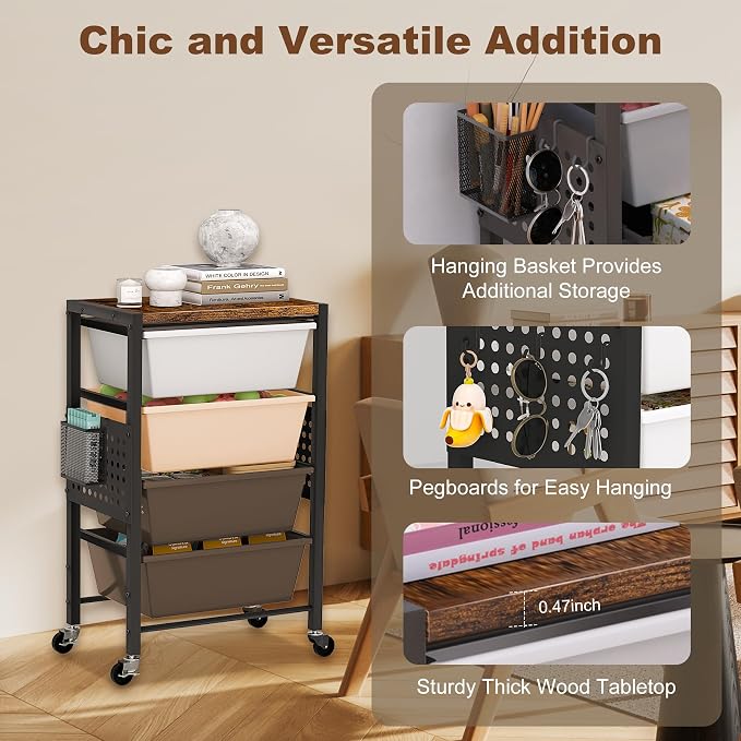 Rolling Cart with Drawers, Rolling Storage Cart with Large Plastic Drawers & Wooden Tabletop, Utility Cart with Pegboards & Basket, Storage Drawers Cart for Living Room, Classroom, Bedroom, Office