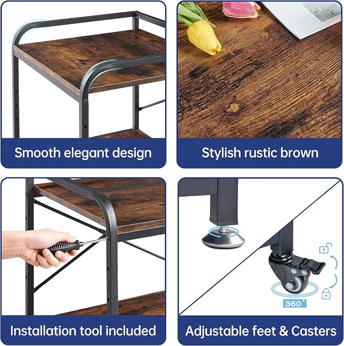 Fannova Under Desk Printer Stand, 20 Inches Deep Large Printer Table with Height Adjustable Storage Shelf, 2 Tier Rolling Printer Cart with Wheels for Home Office - Rustic Brown