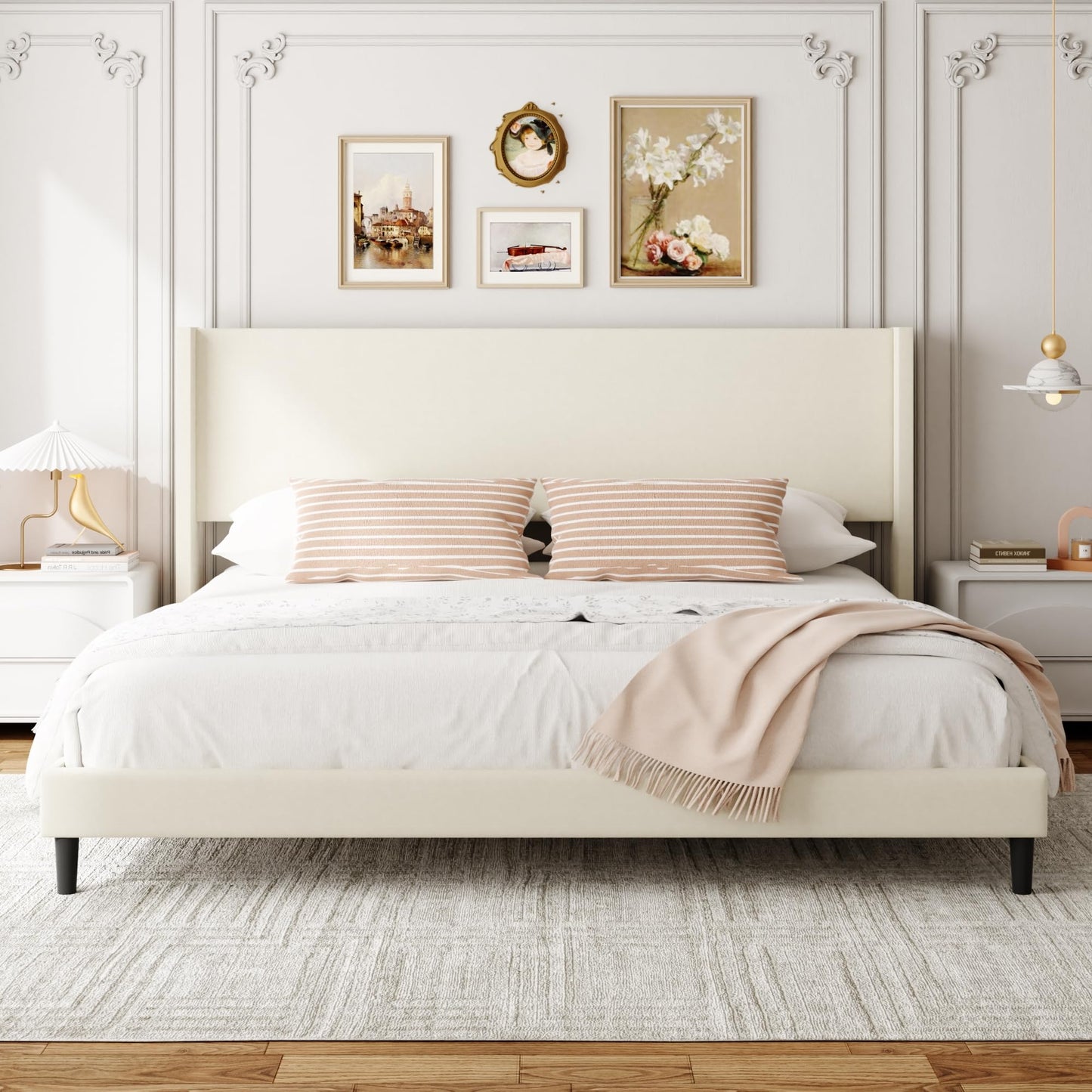Sismplly Queen Bed Frame with Wingback Headboard, Velvet Upholstered Platform Bed with Wooden Slats, 6.46“ Under Bed Storage, Metal Support, Noise Free, No Box Spring Needed, Beige