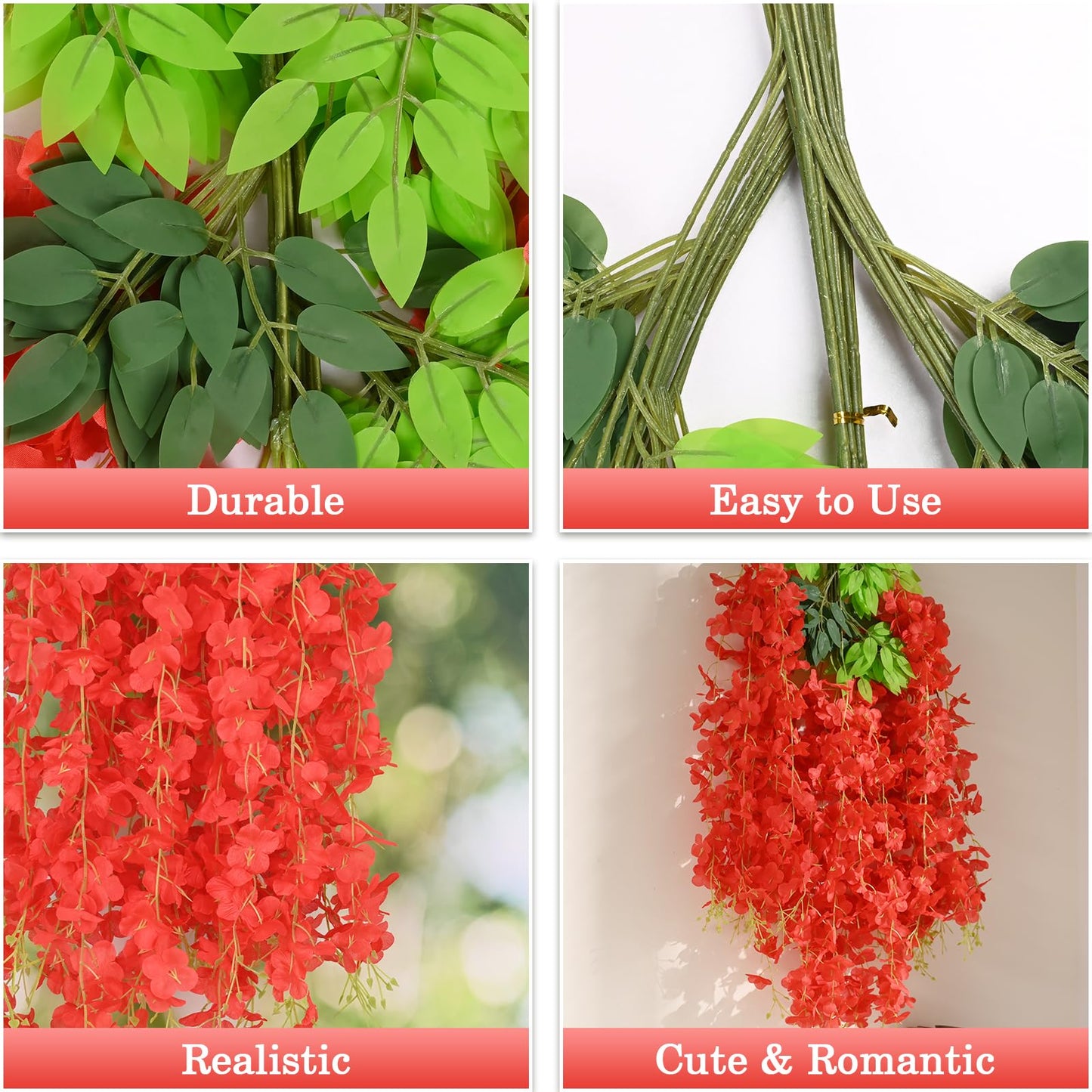BLEUM CADE Artificial Wisteria Hanging Flowers, 10 Pcs Red, 3.6Ft/Pcs, Decorative Plant Garland for Home, Wedding, Party Decorations