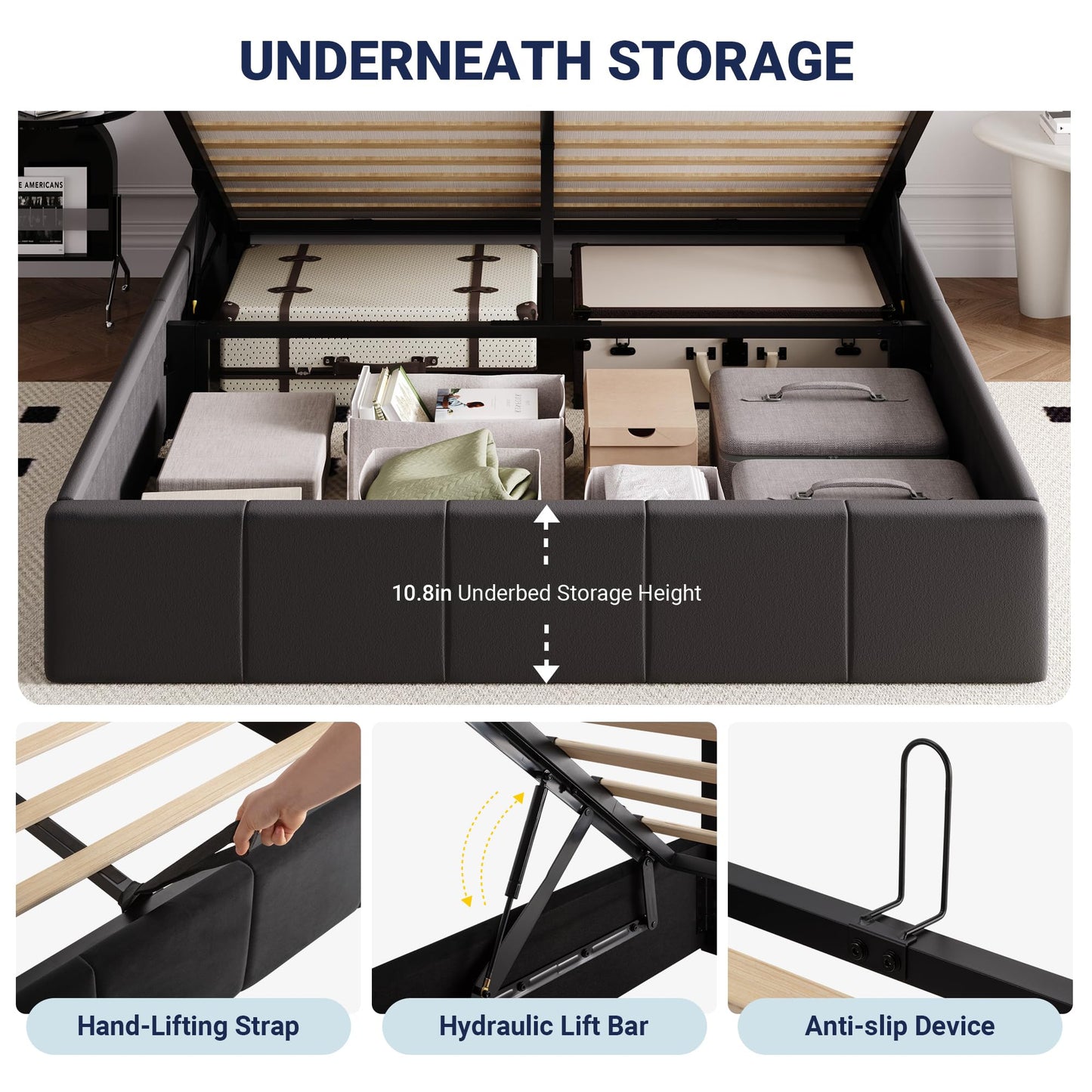 Allewie Full Size Velvet Lift Up Storage Bed Frame, Vertical Channel Tufted Headboard, Hydrualic Underneath Storage, Upholstered Platform Bed, Wooden Slats Support, No Box Spring Needed, Black