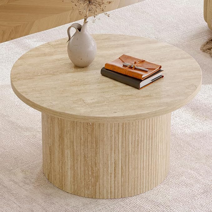 ONBRILL 31.5" Round Coffee Table, Tambour Design Coffee Tables for Living Room, Mid Century Modern Wood Coffee Table, Drum Accent Small Center Table, Travertine Texture